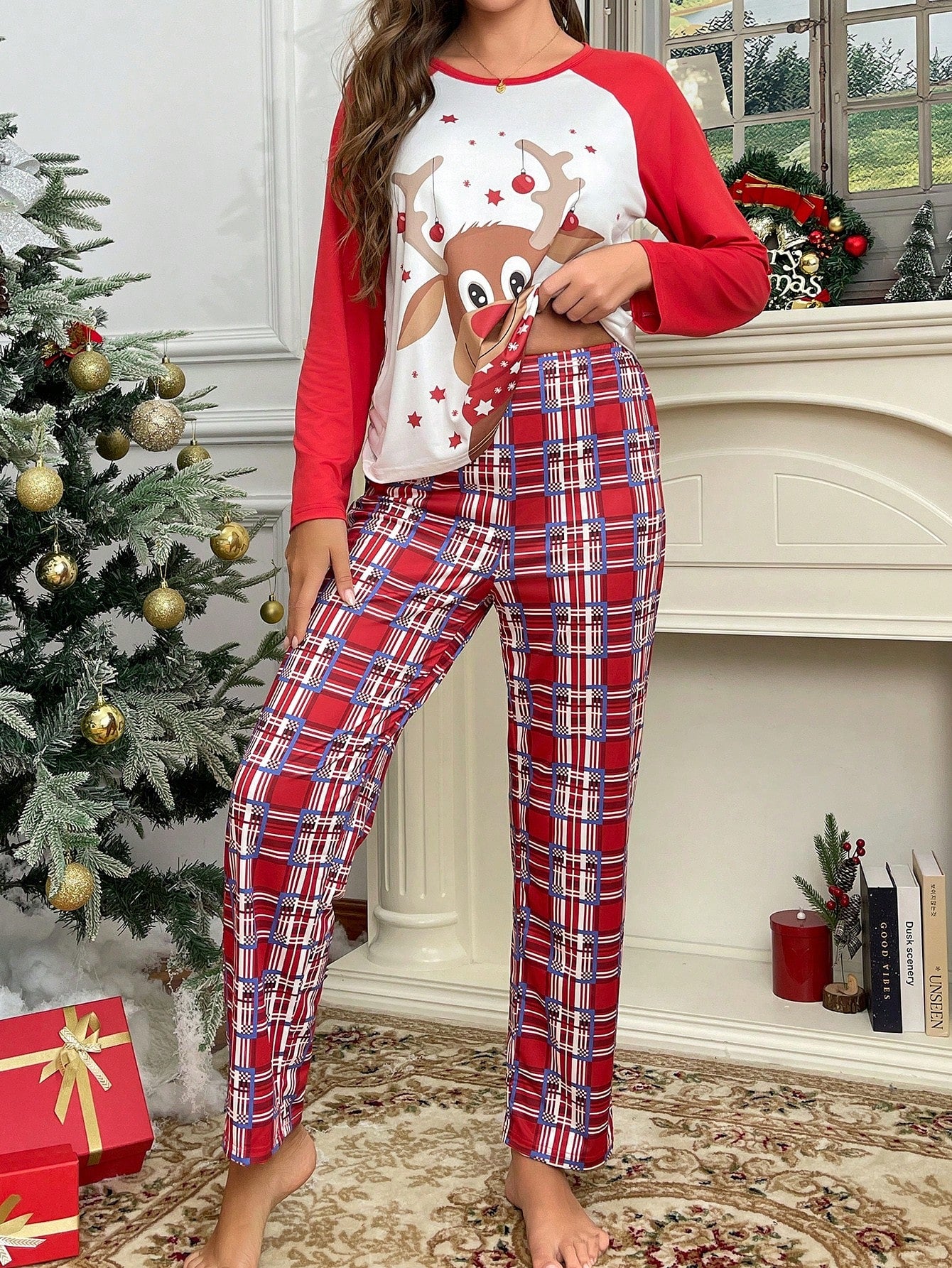 Christmas Elk Print Color Block Cute Women Pajama Set