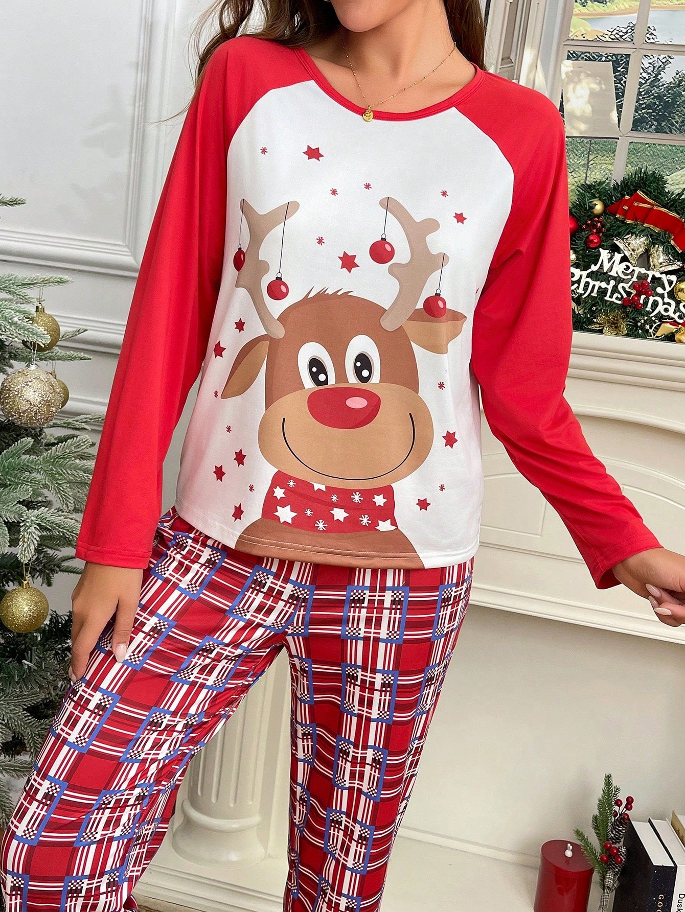 Christmas Elk Print Color Block Cute Women Pajama Set