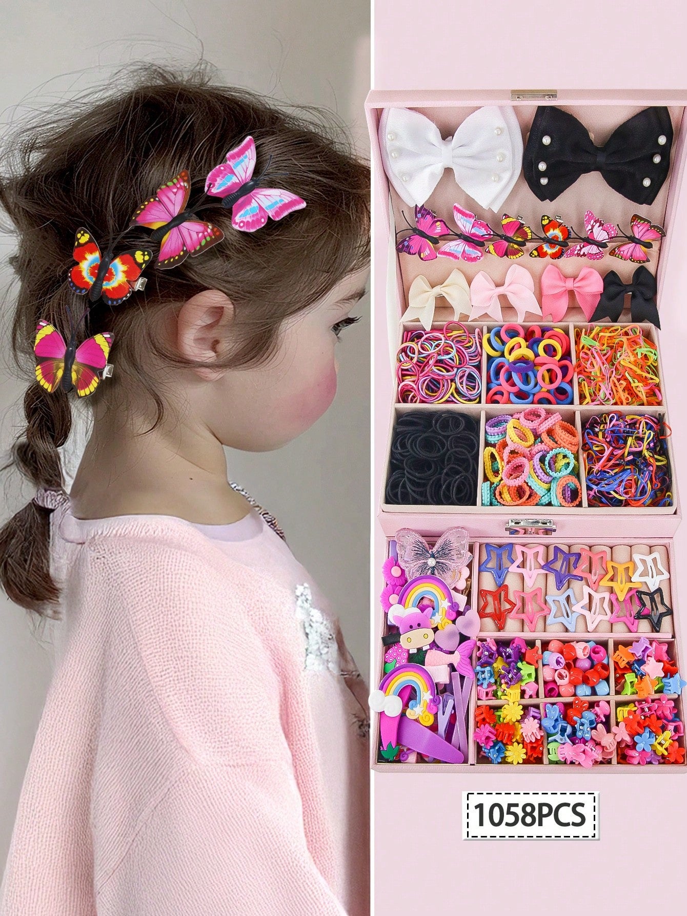 1058pcs/Set Kids Girls Colorful Fabric Bow, Cartoon Flower, Chiffon Elastic, Butterfly, Rainbow Hair Clips, Hair Ties, Barrettes, Scrunchies, Ponytail Holders Hair Accessories Set, Ideal For Daily Use And Gifts