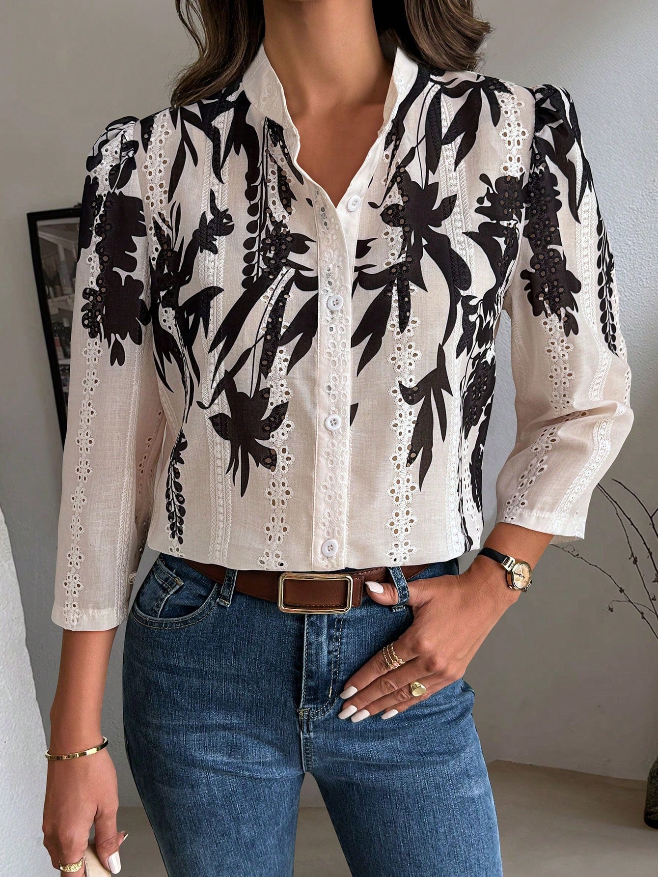 Clasi Floral Embroidery Button Front Shirt