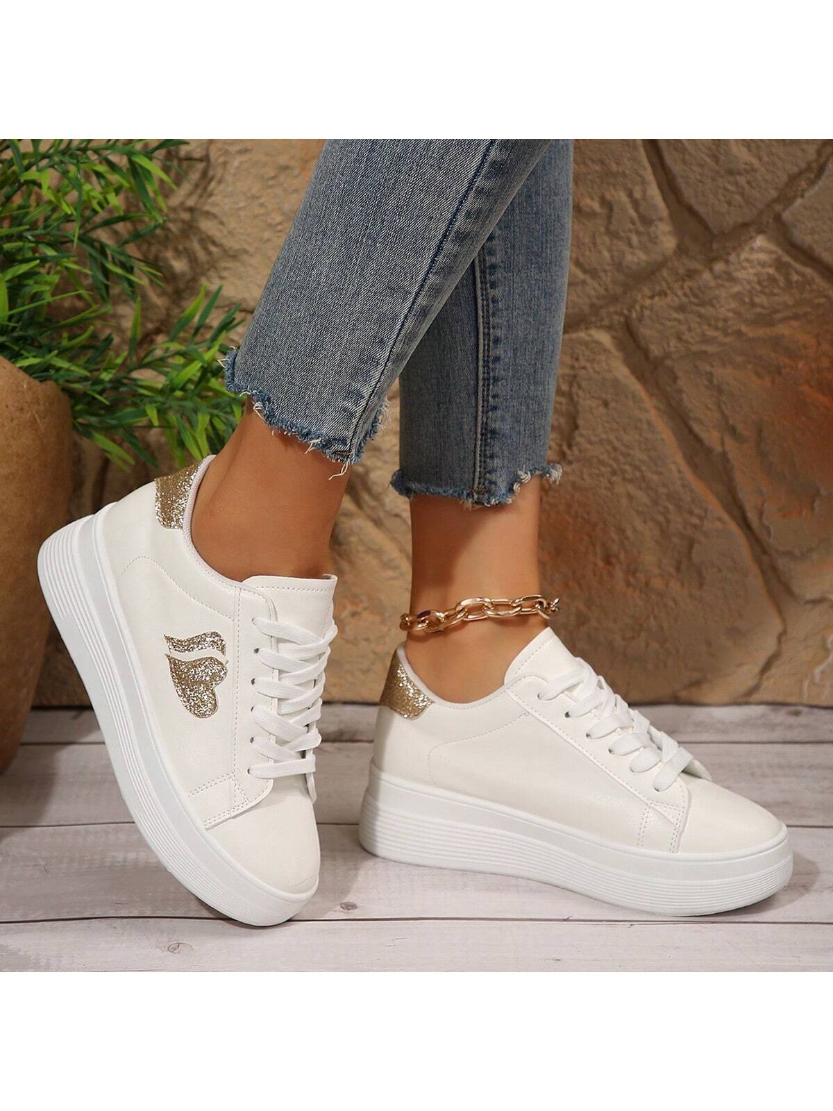 Women's White Heart Shaped Fashionable Comfortable Elegant Flat Casual Shoes, All-Match Style