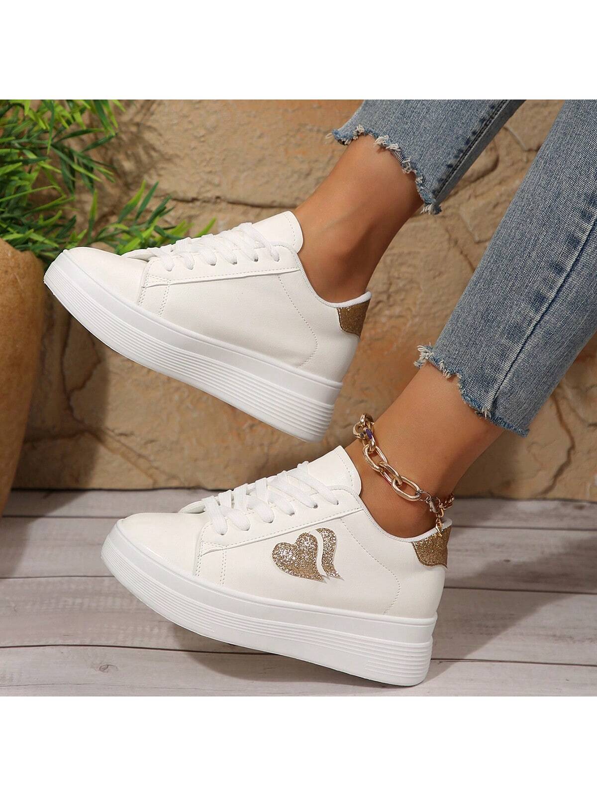 Women's White Heart Shaped Fashionable Comfortable Elegant Flat Casual Shoes, All-Match Style