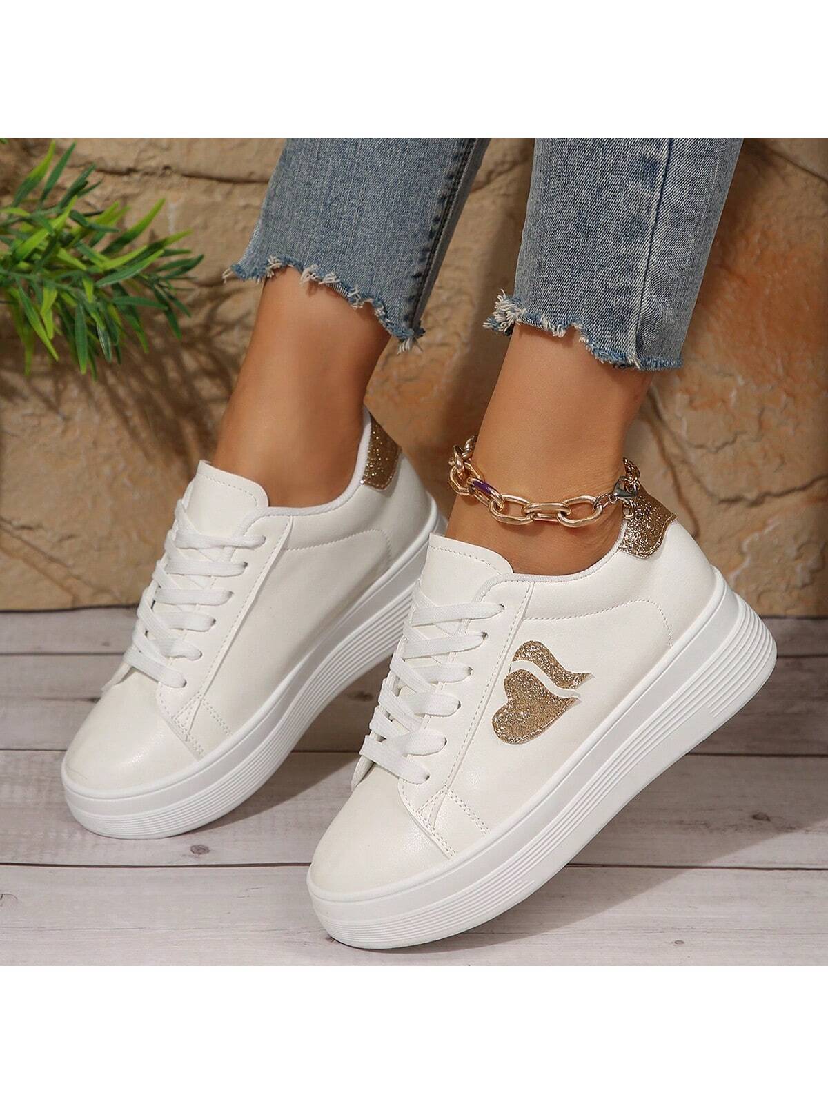 Women's White Heart Shaped Fashionable Comfortable Elegant Flat Casual Shoes, All-Match Style