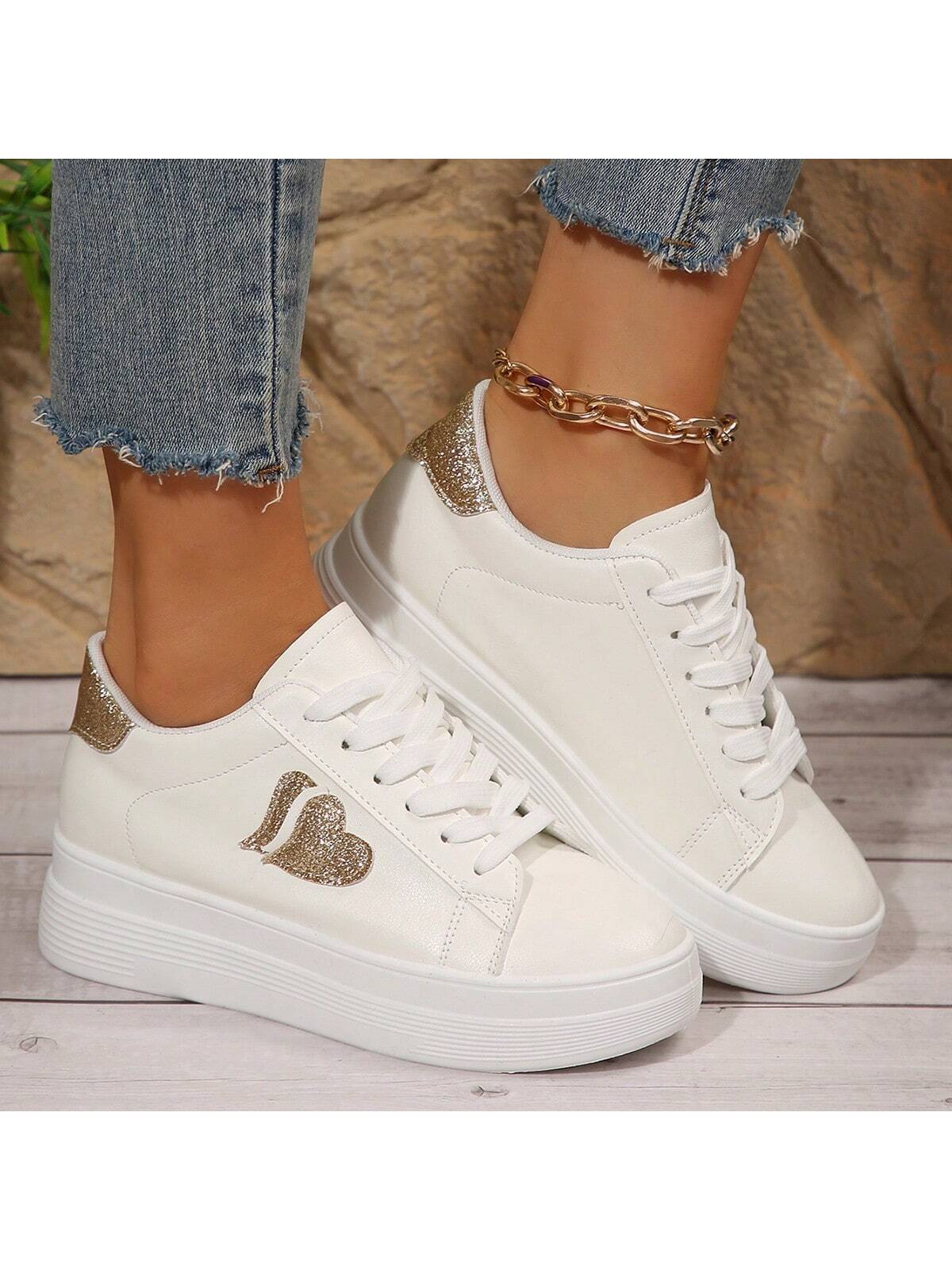 Women's White Heart Shaped Fashionable Comfortable Elegant Flat Casual Shoes, All-Match Style