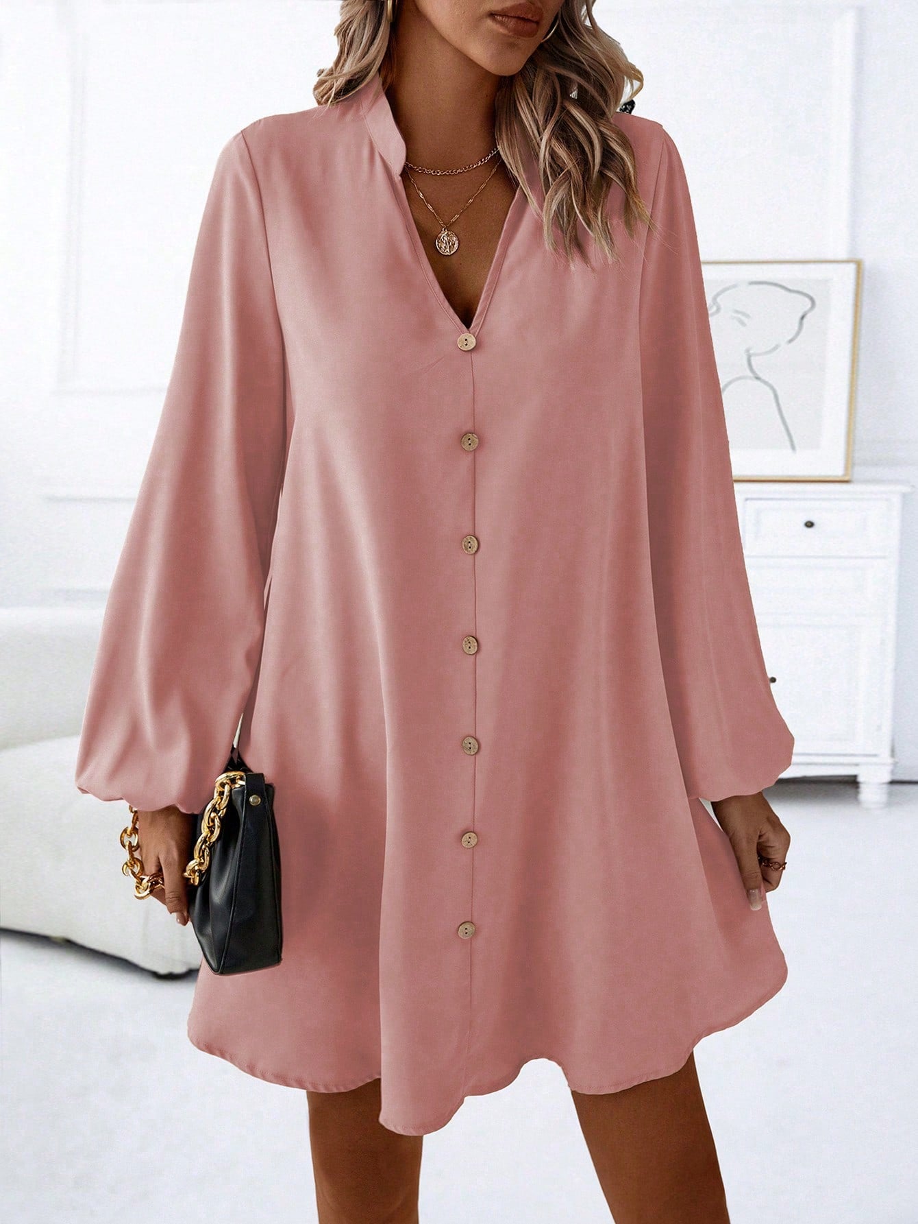 LUNE Notched Neckline Lantern Sleeve Button Front Dress