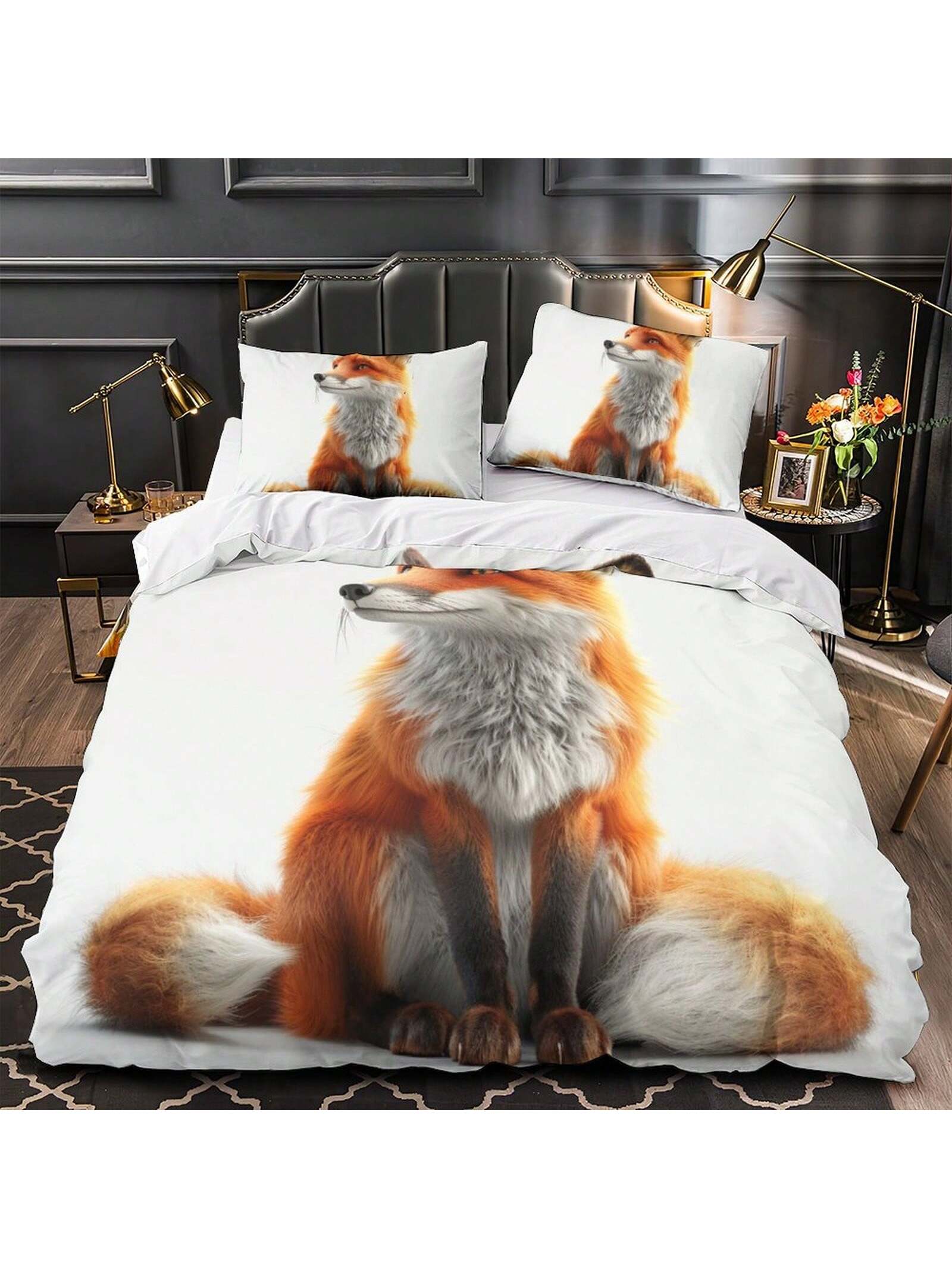 2/3pcs 3D Digital Printed Fox Floral Polyester Duvet Cover Set