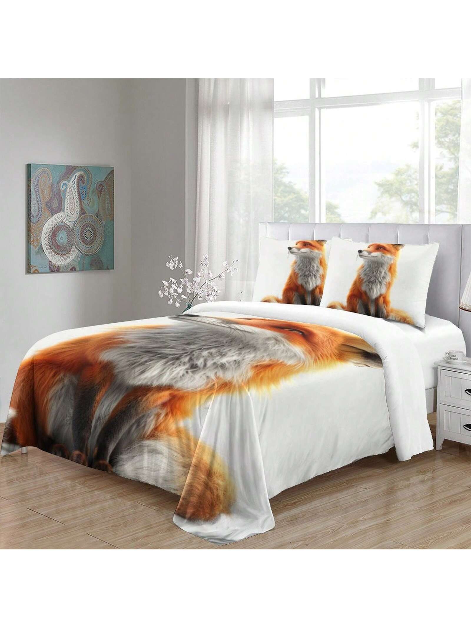 2/3pcs 3D Digital Printed Fox Floral Polyester Duvet Cover Set