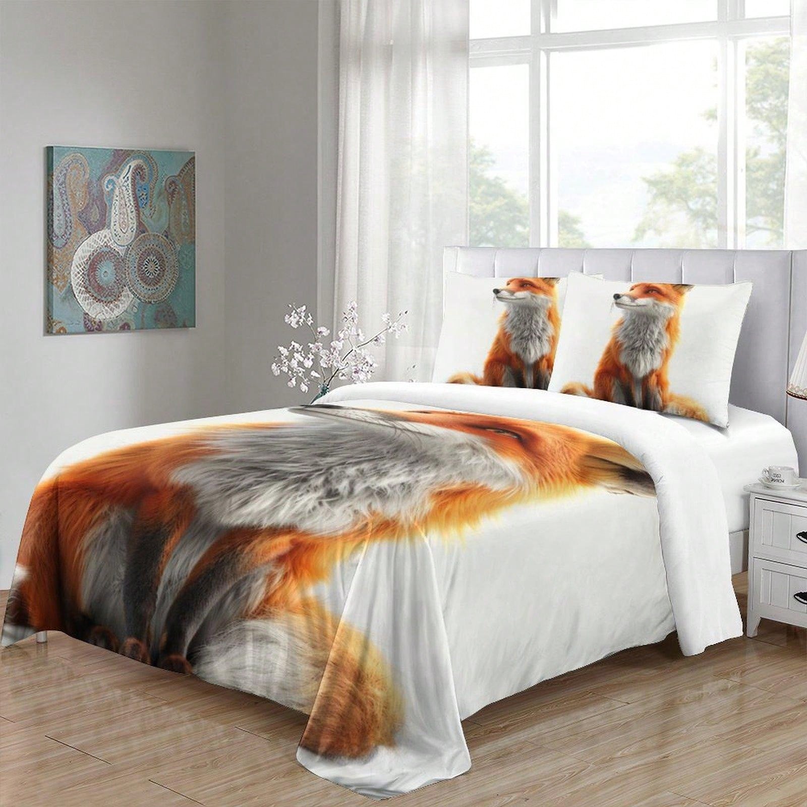 2/3pcs 3D Digital Printed Fox Floral Polyester Duvet Cover Set