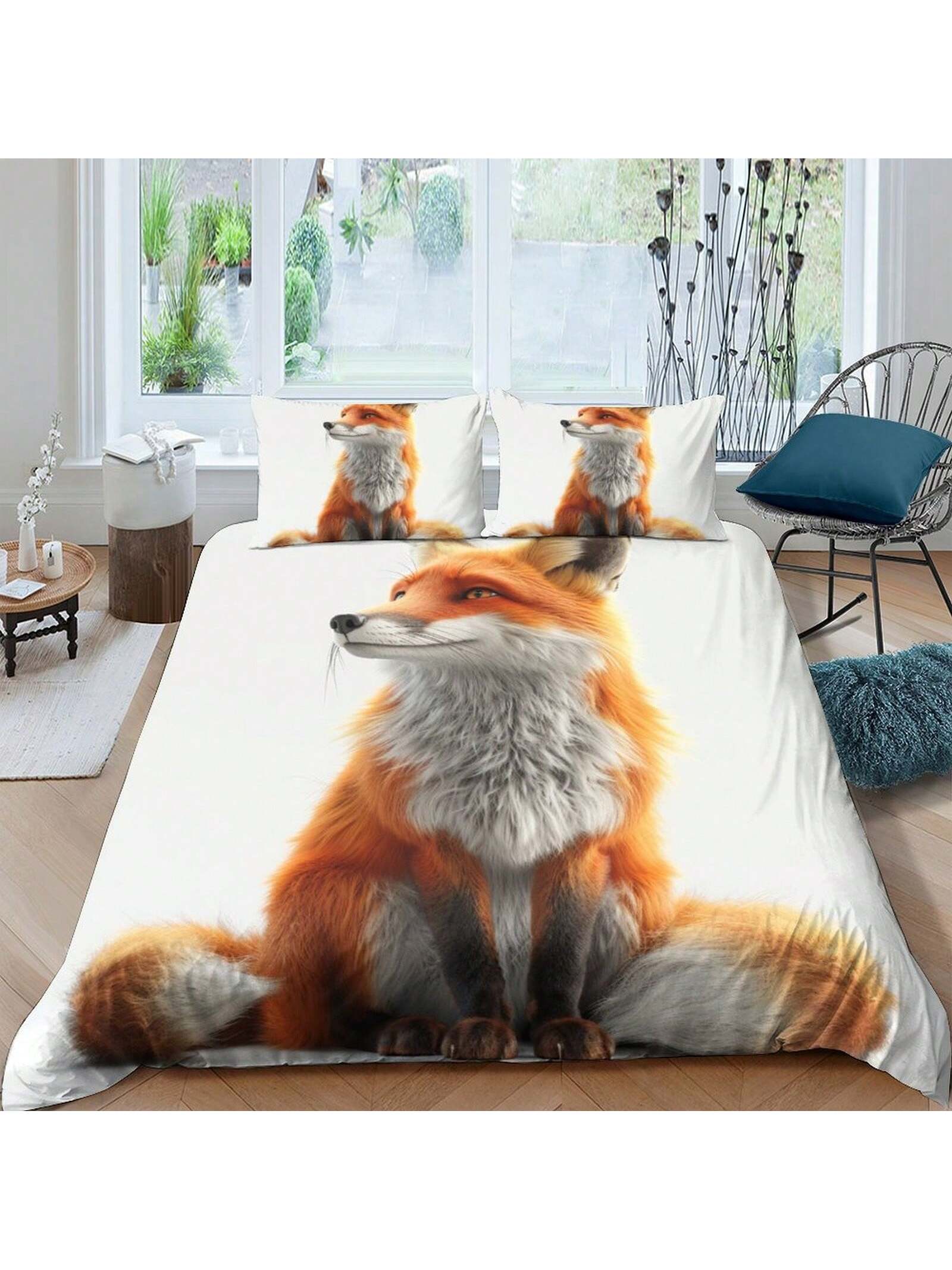 2/3pcs 3D Digital Printed Fox Floral Polyester Duvet Cover Set