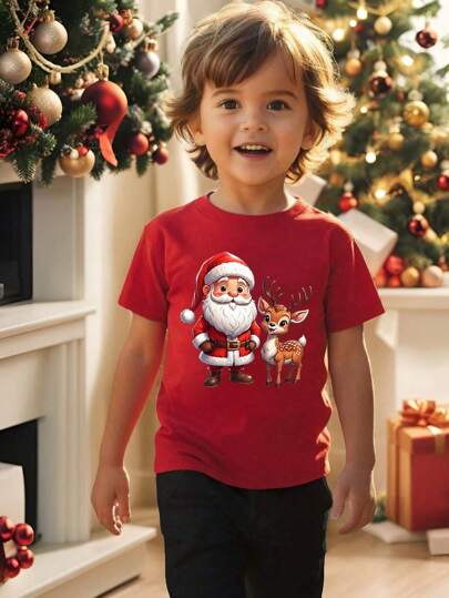 GraphicGems 1pc Young Boy Fashion Casual Santa Claus & Reindeer Print Crew Neck Short Sleeve T-Shirt, Ideal For Christmas Party & New Year, Red