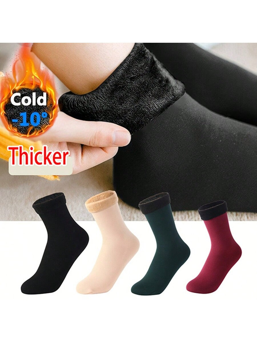 4 Pairs Winter Thermal Socks Unisex Thickened Fleece Lined Mid-Calf Boot Socks Soft Polyester And Spandex Knit Fabric Solid Color Hand Wash Recommended