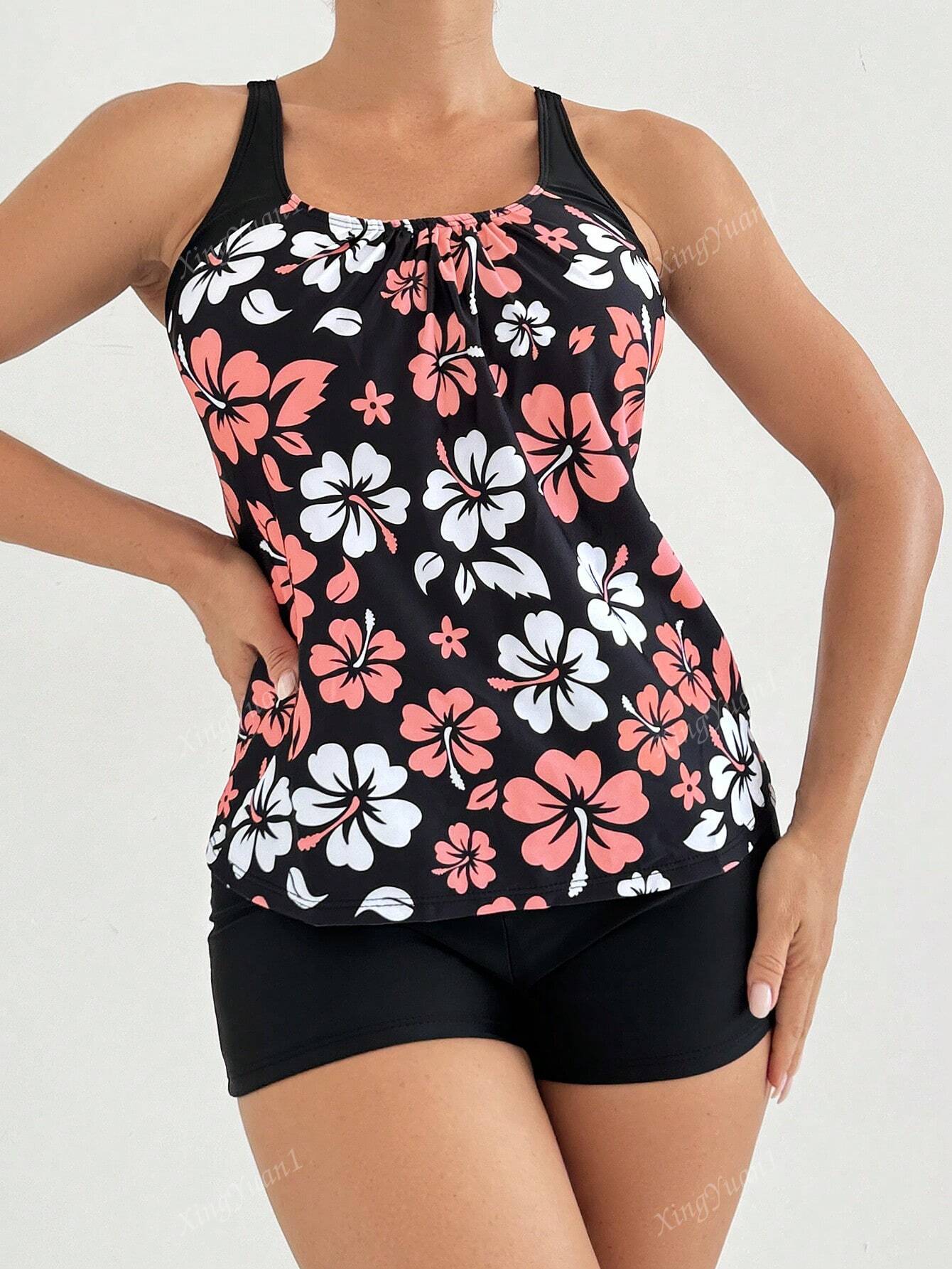 2pcs Flower Print Vest And Trunk Tankini Sports Set