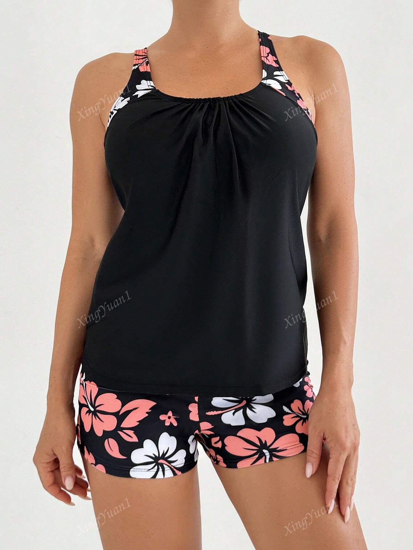 2pcs Flower Print Vest And Trunk Tankini Sports Set