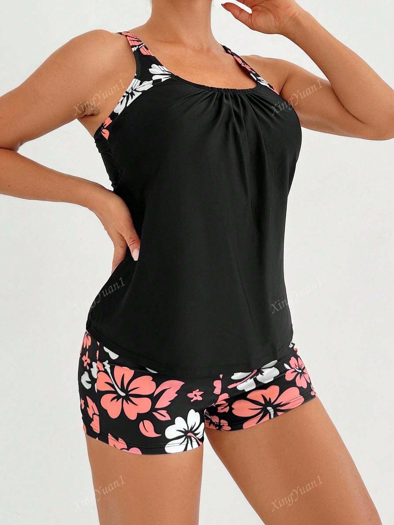 2pcs Flower Print Vest And Trunk Tankini Sports Set