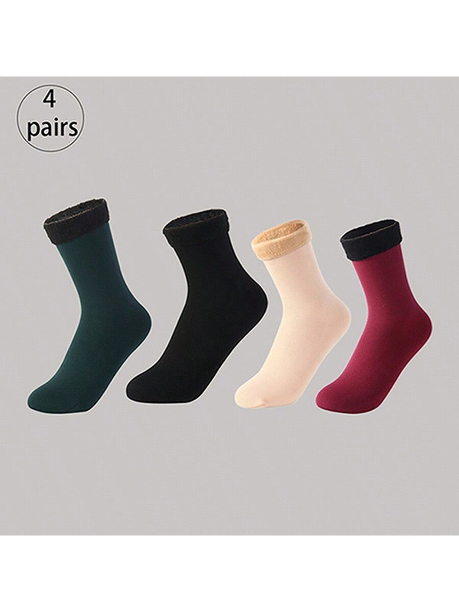 4 Pairs Winter Thermal Socks Unisex Thickened Fleece Lined Mid-Calf Boot Socks Soft Polyester And Spandex Knit Fabric Solid Color Hand Wash Recommended