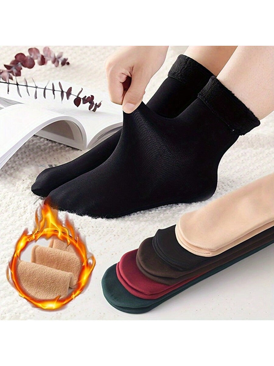 4 Pairs Winter Thermal Socks Unisex Thickened Fleece Lined Mid-Calf Boot Socks Soft Polyester And Spandex Knit Fabric Solid Color Hand Wash Recommended