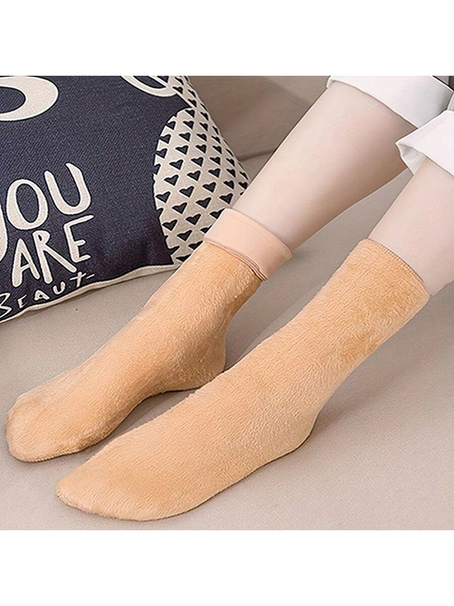 4 Pairs Winter Thermal Socks Unisex Thickened Fleece Lined Mid-Calf Boot Socks Soft Polyester And Spandex Knit Fabric Solid Color Hand Wash Recommended