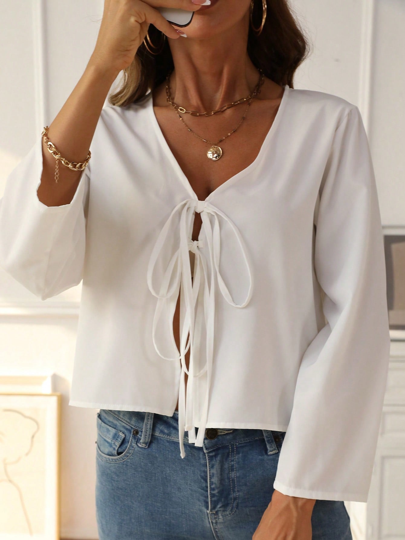 LUNE Solid Tie Front Drop Shoulder Blouse