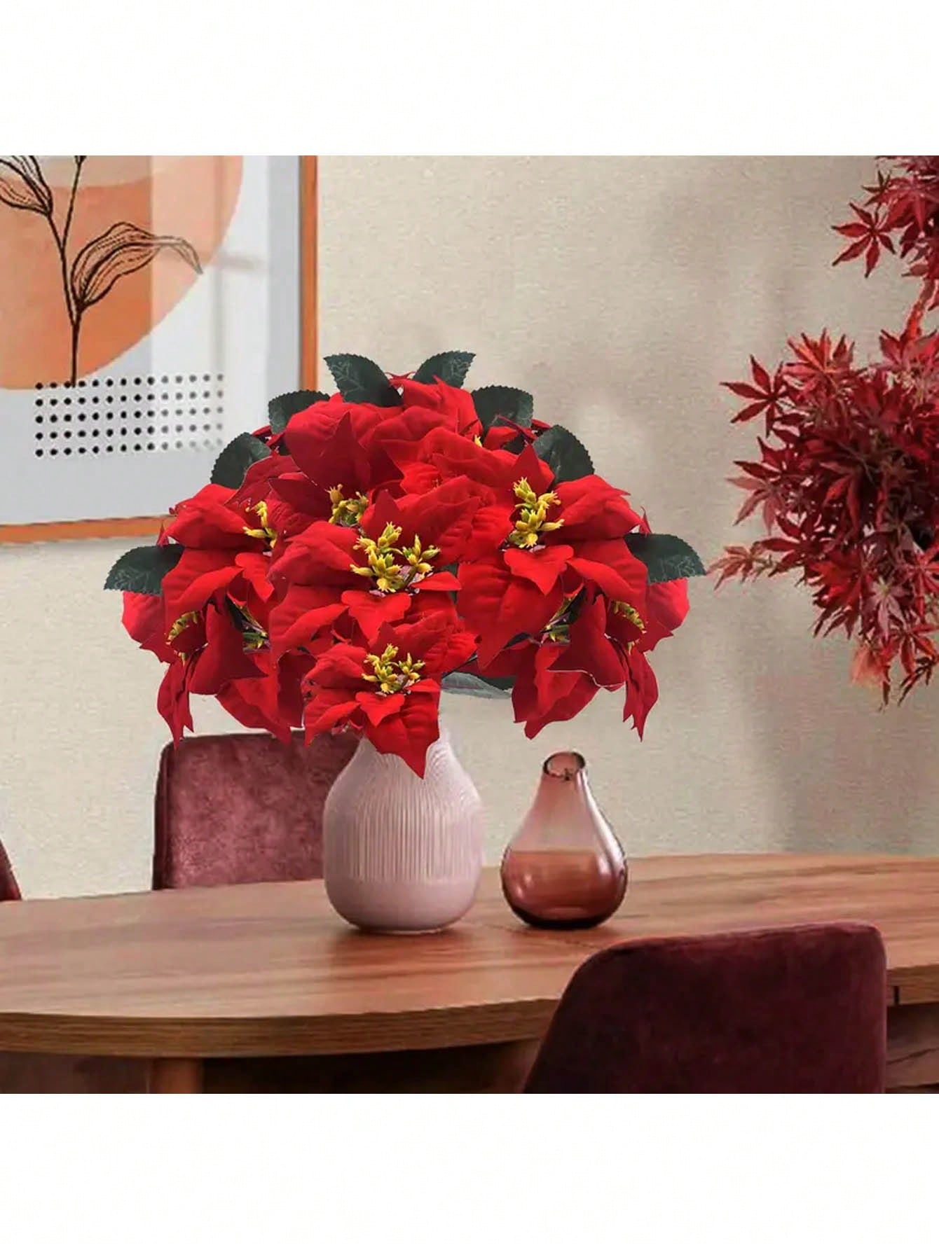 1pc Artificial Poinsettia Flower, Artificial Christmas Flower, Christmas Tree Decor, Room Home Decor, Desktop Ornament, For Family Gathering, Theme Party, Atmosphere, Hanging Basket, Dining Table Centerpiece, Outdoor Garden Decoration