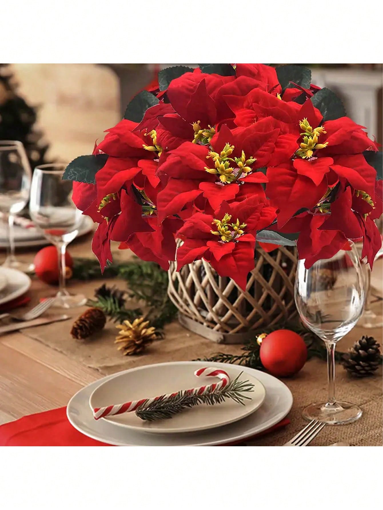 1pc Artificial Poinsettia Flower, Artificial Christmas Flower, Christmas Tree Decor, Room Home Decor, Desktop Ornament, For Family Gathering, Theme Party, Atmosphere, Hanging Basket, Dining Table Centerpiece, Outdoor Garden Decoration