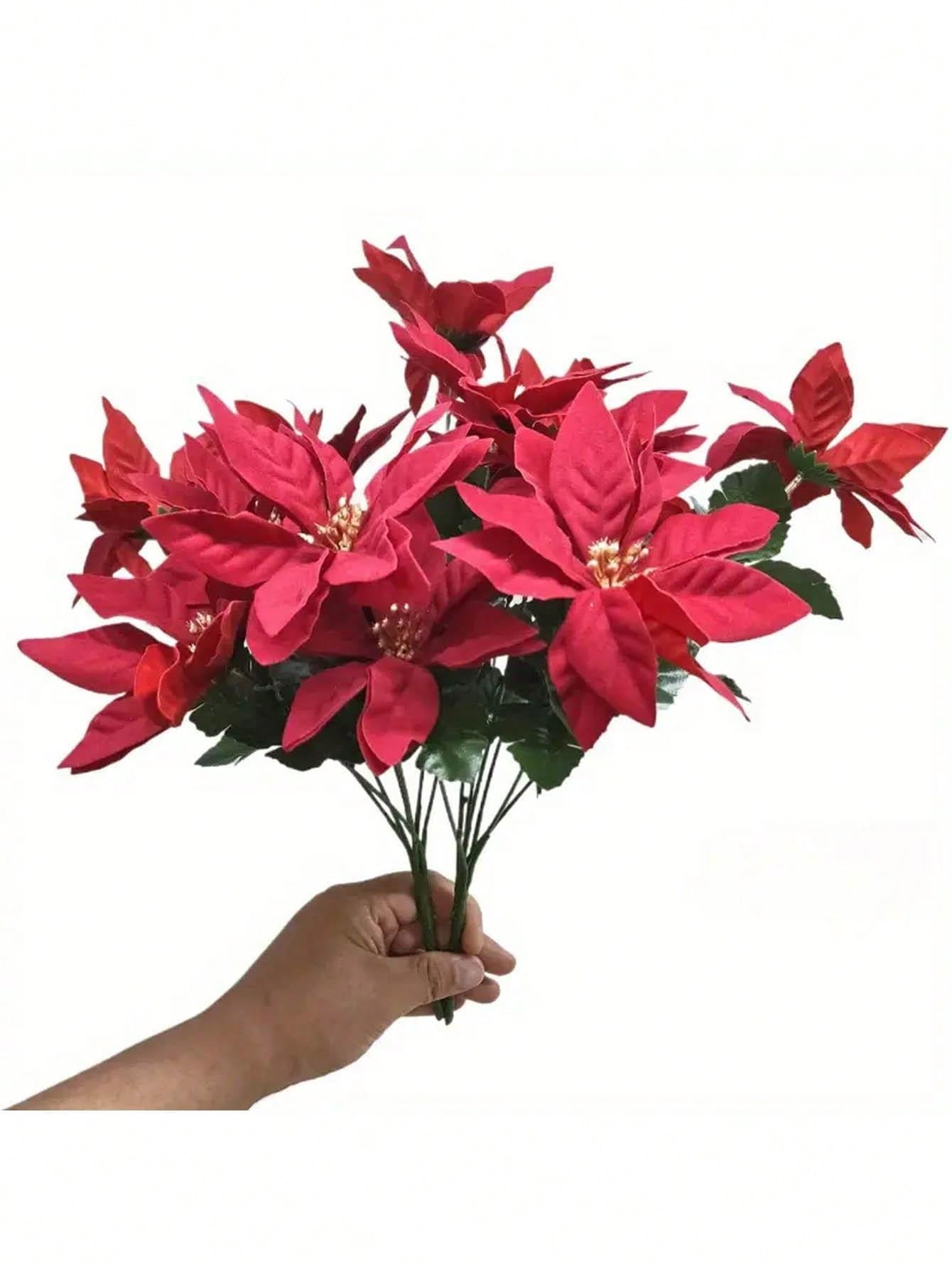 1pc Artificial Poinsettia Flower, Artificial Christmas Flower, Christmas Tree Decor, Room Home Decor, Desktop Ornament, For Family Gathering, Theme Party, Atmosphere, Hanging Basket, Dining Table Centerpiece, Outdoor Garden Decoration