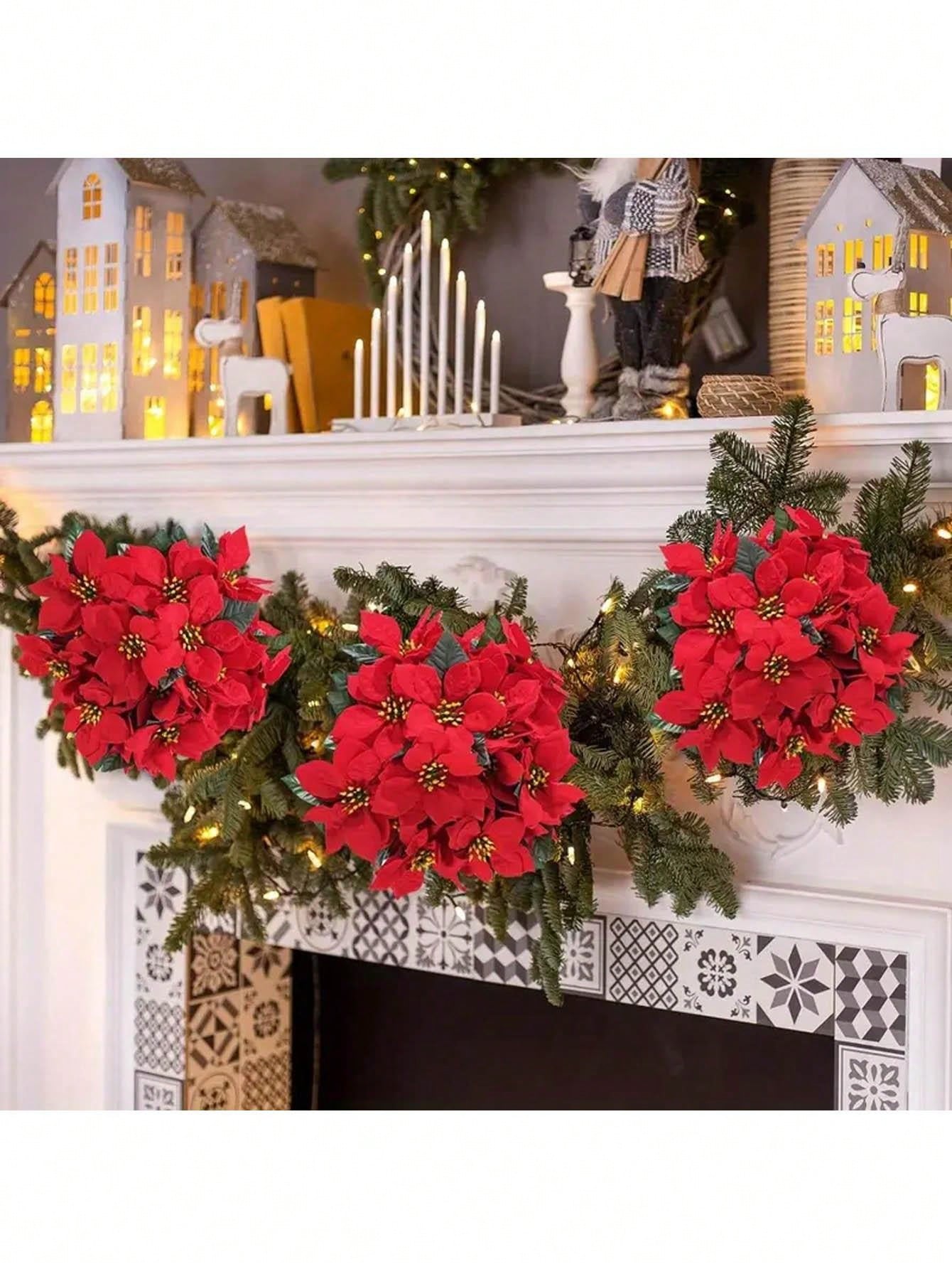 1pc Artificial Poinsettia Flower, Artificial Christmas Flower, Christmas Tree Decor, Room Home Decor, Desktop Ornament, For Family Gathering, Theme Party, Atmosphere, Hanging Basket, Dining Table Centerpiece, Outdoor Garden Decoration