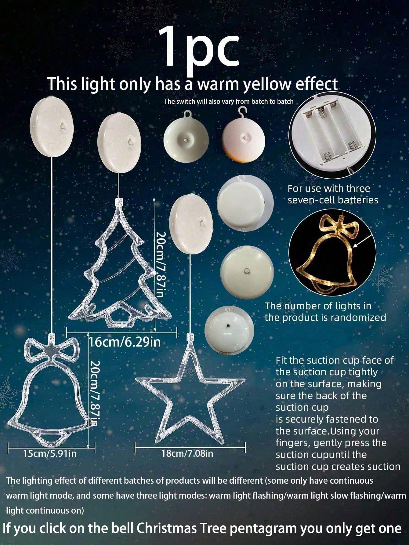 1pc/3pcs-Warm Yellow Light Christmas Window Light Christmas Decoration LED Suction Cup Light Christmas Decoration Christmas Bell, Christmas Tree, Star LED Suction Cup Light 7.8*6.3in Battery Powered Indoor Outdoor Decoration Christmas Tree Fireplace Wind