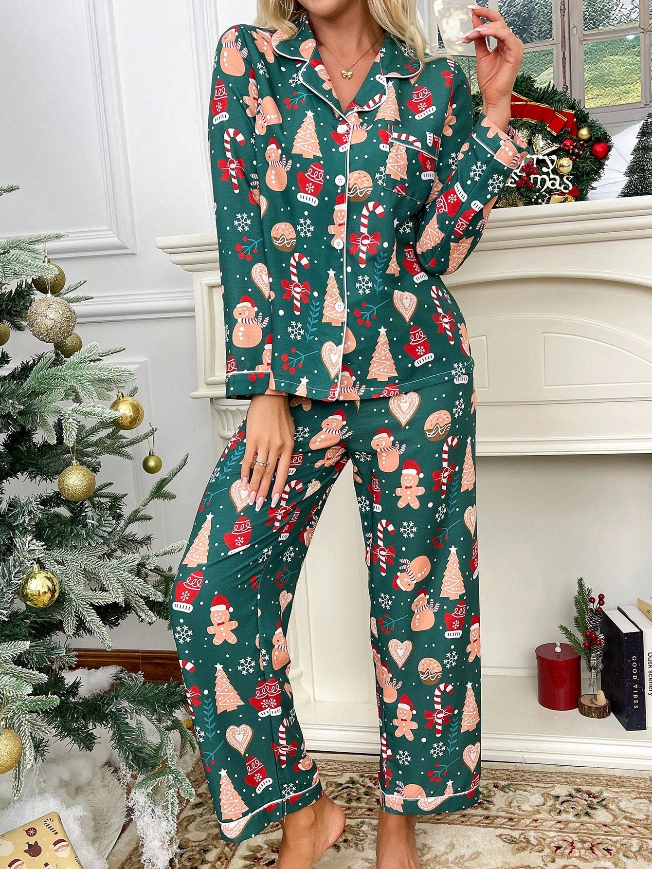 Christmas Element Print Cardigan Collar Long Sleeve Pajama Set