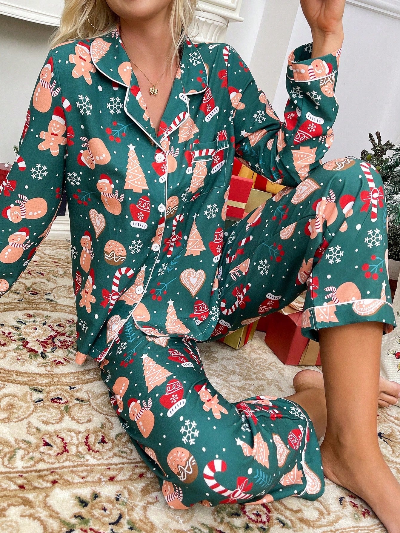 Christmas Element Print Cardigan Collar Long Sleeve Pajama Set