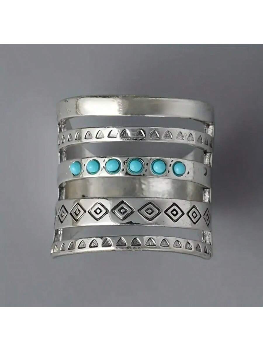 Vintage Wide Band Ring With Inlaid Turquoise, Boho Style Elegant Symbol, Can Match Daily Outfit & Party Accessories, Luxury Ring