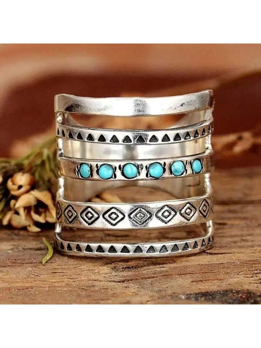 Vintage Wide Band Ring With Inlaid Turquoise, Boho Style Elegant Symbol, Can Match Daily Outfit & Party Accessories, Luxury Ring