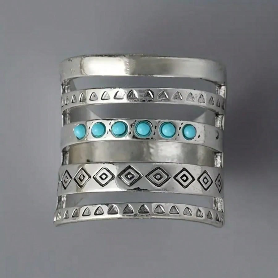 Vintage Wide Band Ring With Inlaid Turquoise, Boho Style Elegant Symbol, Can Match Daily Outfit & Party Accessories, Luxury Ring