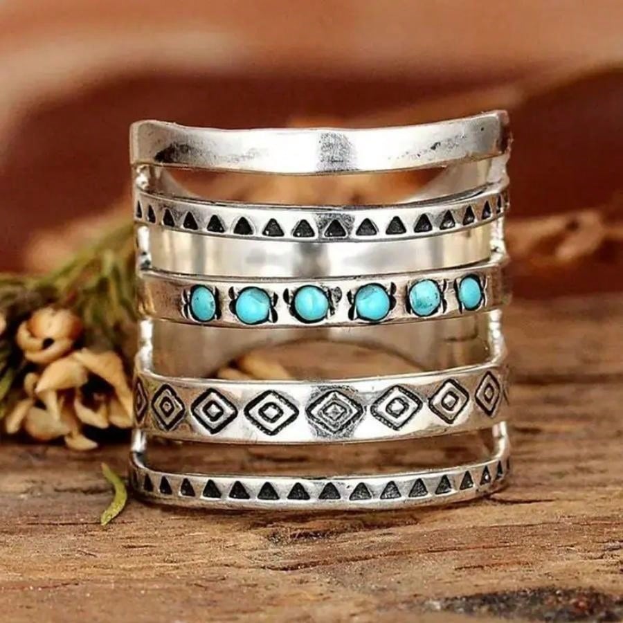 Vintage Wide Band Ring With Inlaid Turquoise, Boho Style Elegant Symbol, Can Match Daily Outfit & Party Accessories, Luxury Ring