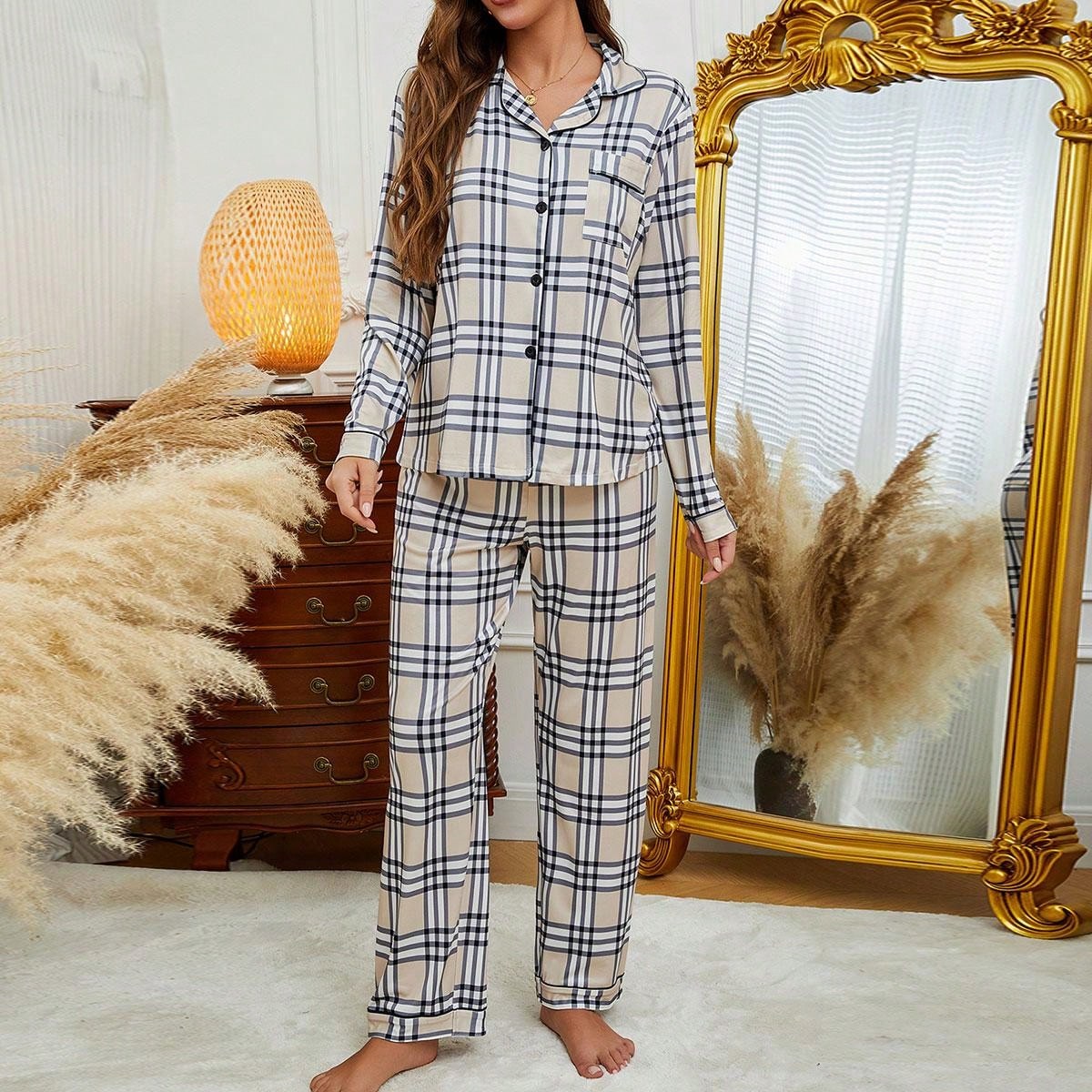 2pcs Women's Plaid Pajama Set, Long Sleeve Top   Long Pants, Polyester Material, Casual Style, Collar Design, Bi-Color Plaid Pattern, Autumn/Winter, With Pockets, Adult Knitted Sleepwear Set