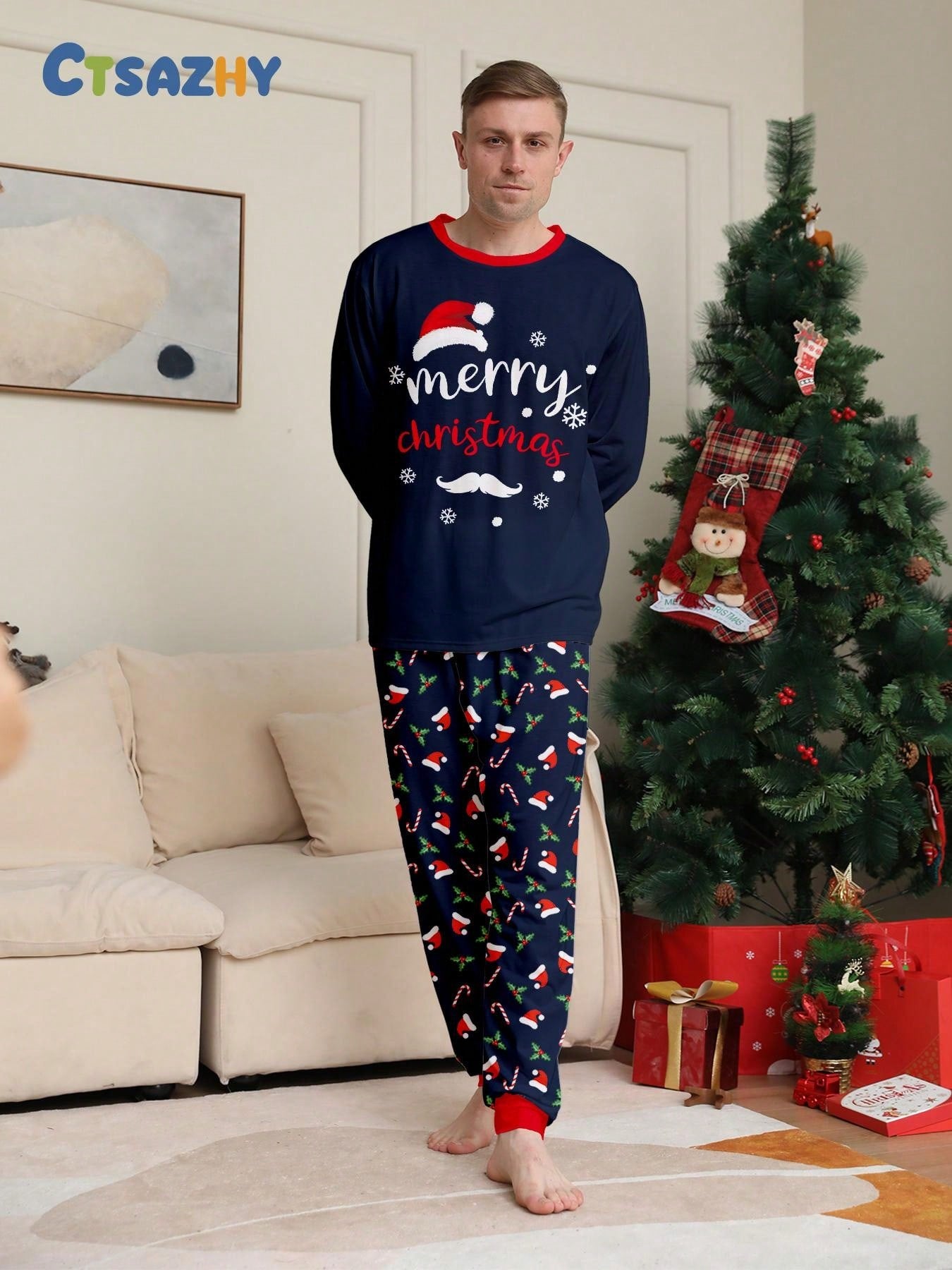 2pcs Men Christmas New Pajamas Set, Santa Hat, Long Sleeve Round Neck Top And Full Flower Print Pants, Cozy Fit, Suitable For Autumn