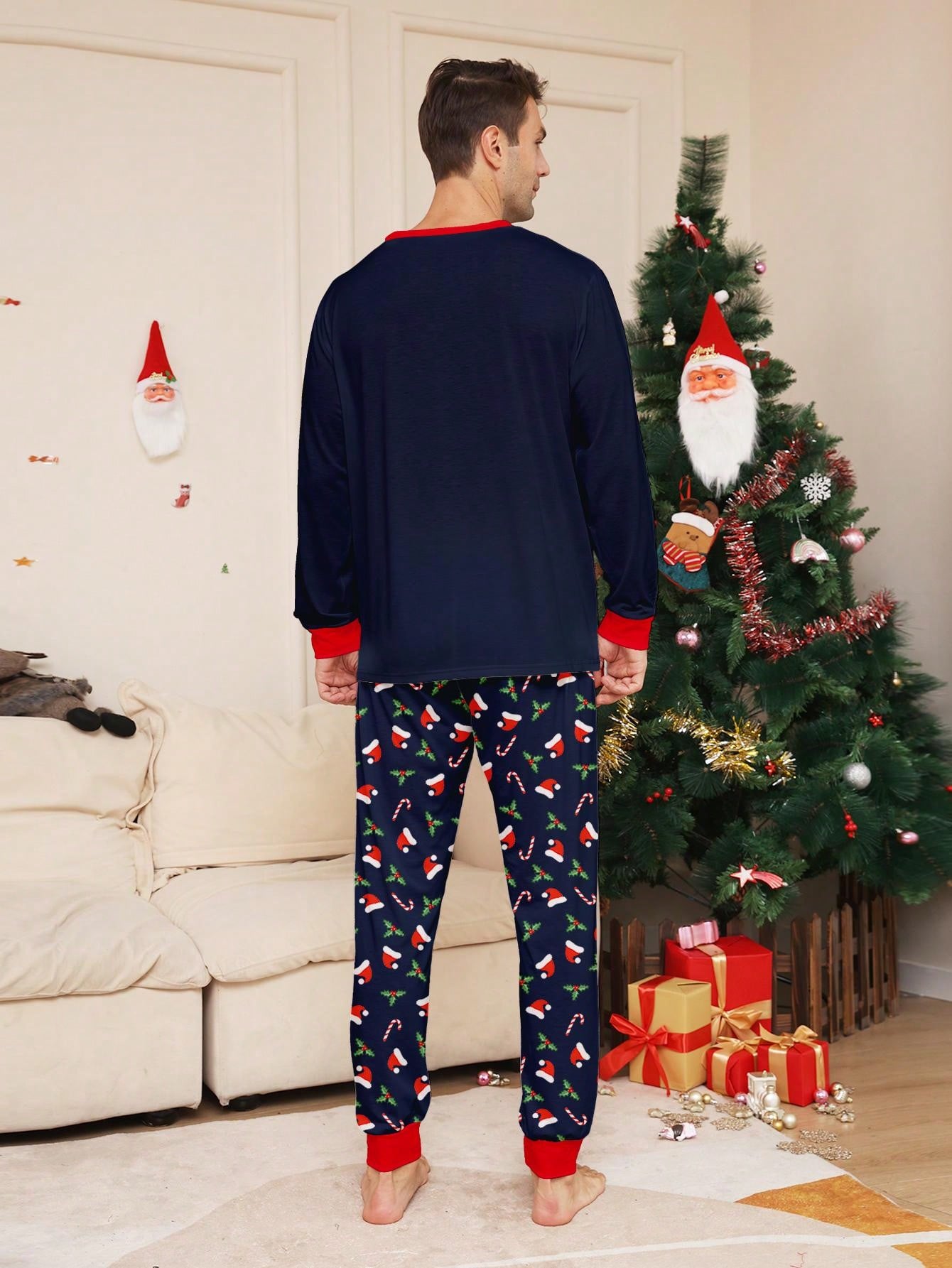 2pcs Men Christmas New Pajamas Set, Santa Hat, Long Sleeve Round Neck Top And Full Flower Print Pants, Cozy Fit, Suitable For Autumn