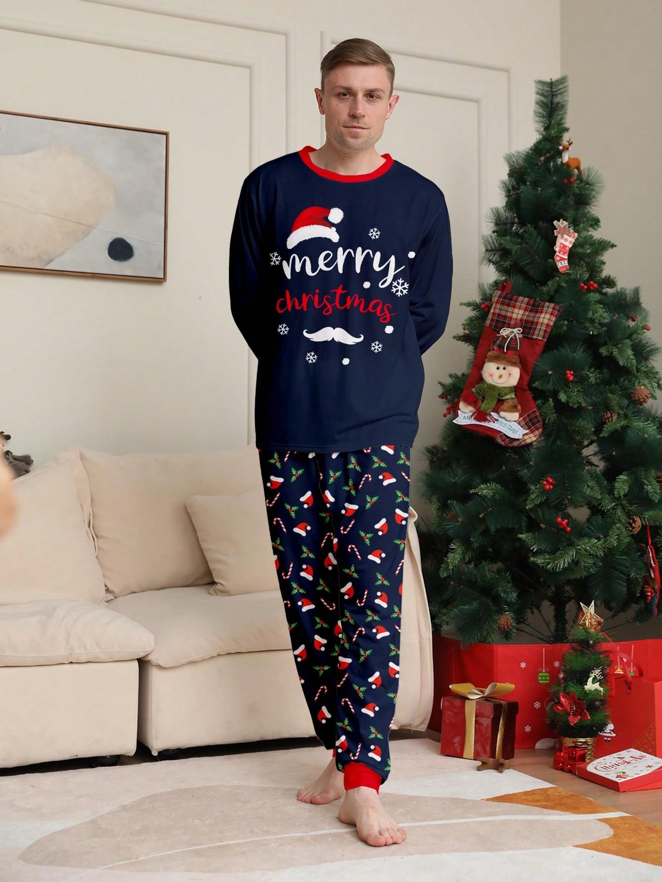 2pcs Men Christmas New Pajamas Set, Santa Hat, Long Sleeve Round Neck Top And Full Flower Print Pants, Cozy Fit, Suitable For Autumn