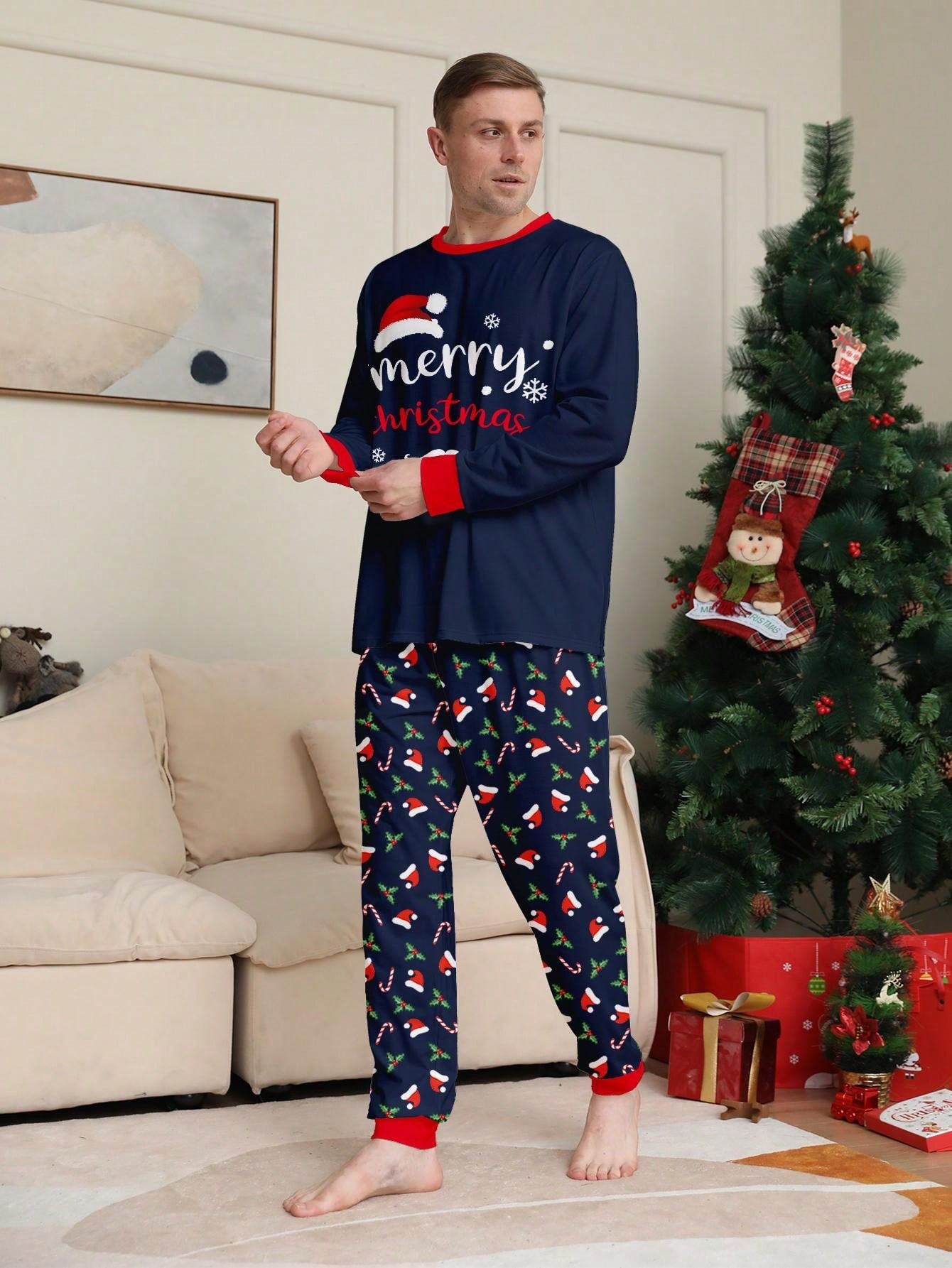 2pcs Men Christmas New Pajamas Set, Santa Hat, Long Sleeve Round Neck Top And Full Flower Print Pants, Cozy Fit, Suitable For Autumn