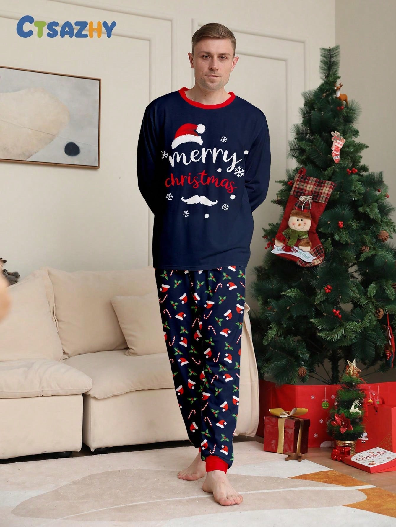 2pcs Men Christmas New Pajamas Set, Santa Hat, Long Sleeve Round Neck Top And Full Flower Print Pants, Cozy Fit, Suitable For Autumn