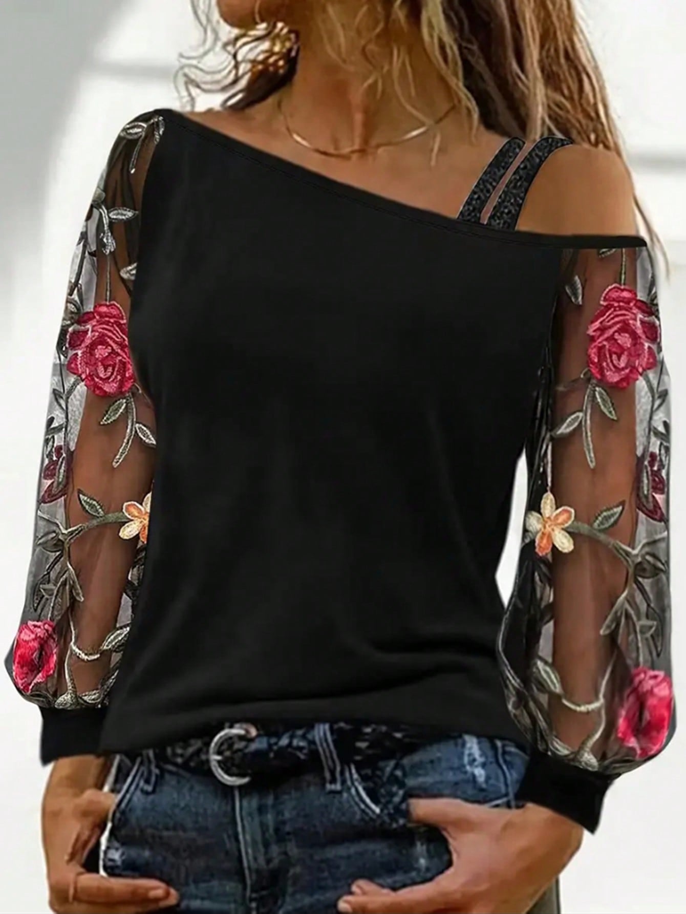 LUNE Women Spring/Summer Casual Embroidered Mesh Spliced Top With Asymmetrical Neckline And Long Sleeves