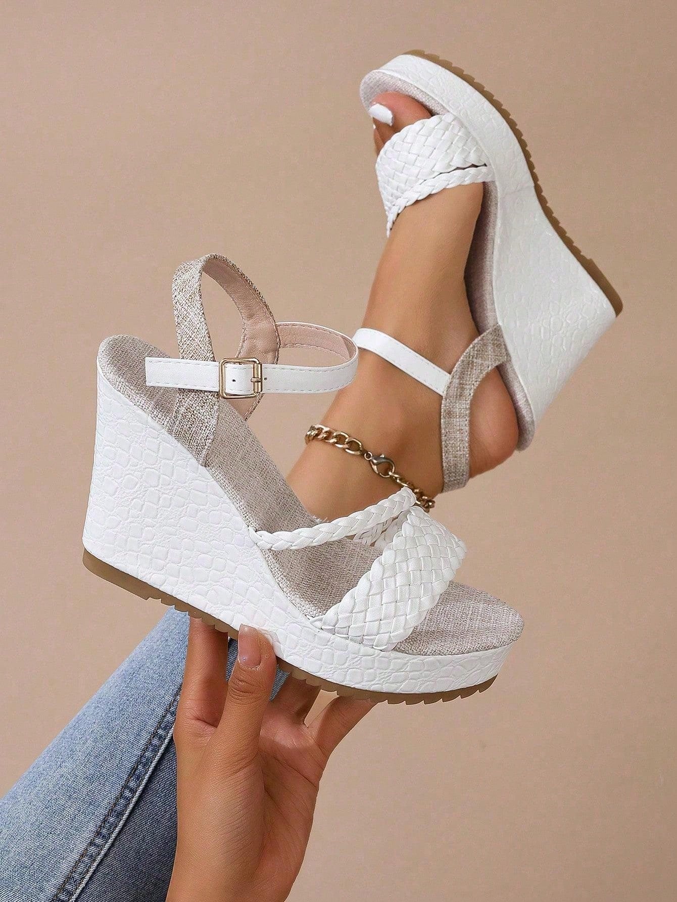 Women's Wedge Heel Thick-Soled Braided Strap Sandals, Summer, Stone-Patterned, White Buckle Strap, Beach Vacation Waterproof Platform High Heel Shoes