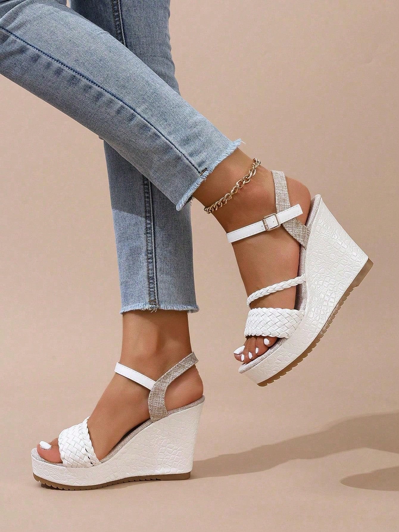 Women's Wedge Heel Thick-Soled Braided Strap Sandals, Summer, Stone-Patterned, White Buckle Strap, Beach Vacation Waterproof Platform High Heel Shoes