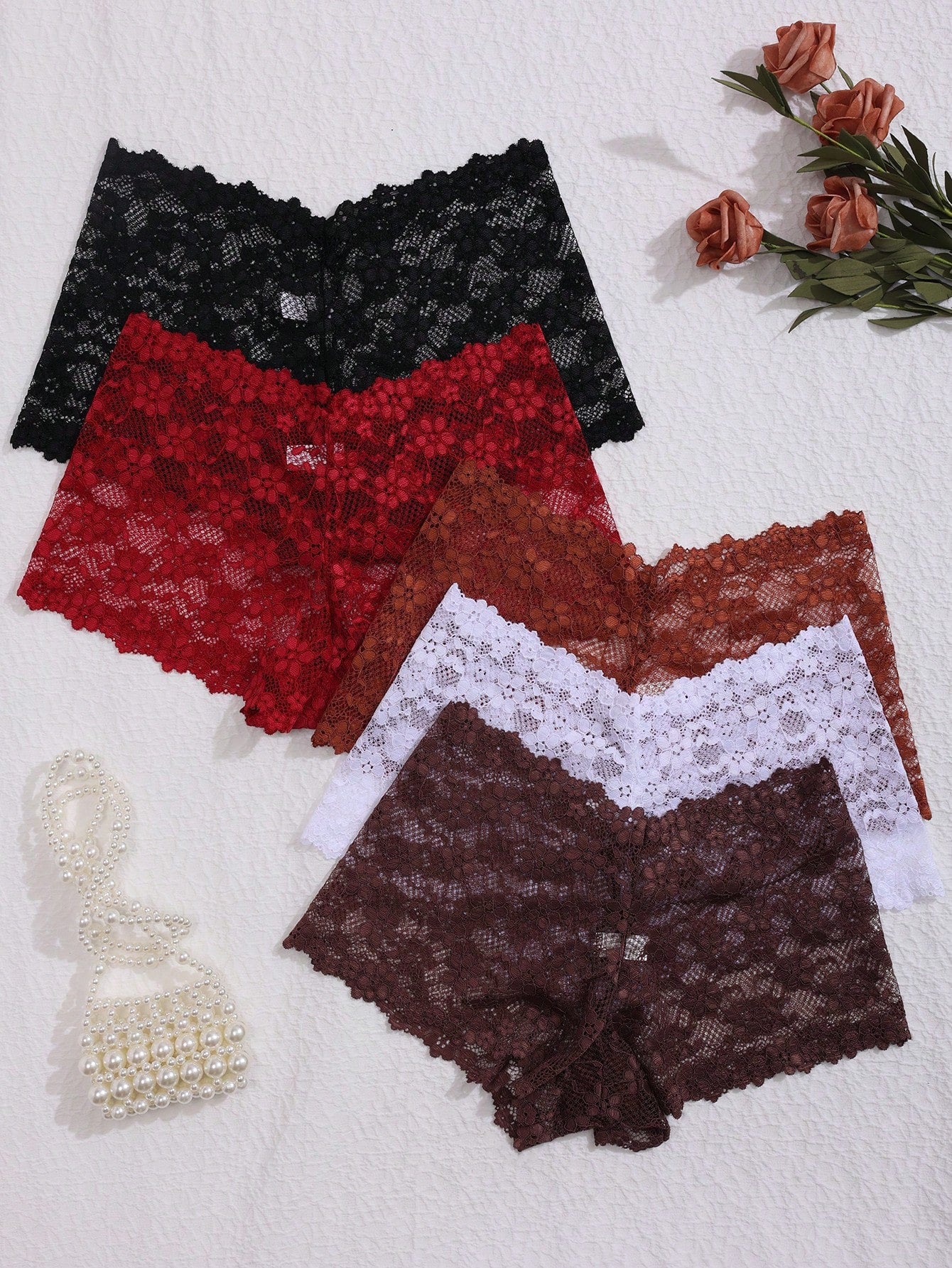 5pcs Women's Lace Trim Low Rise Hipster Panties, Multi-Color