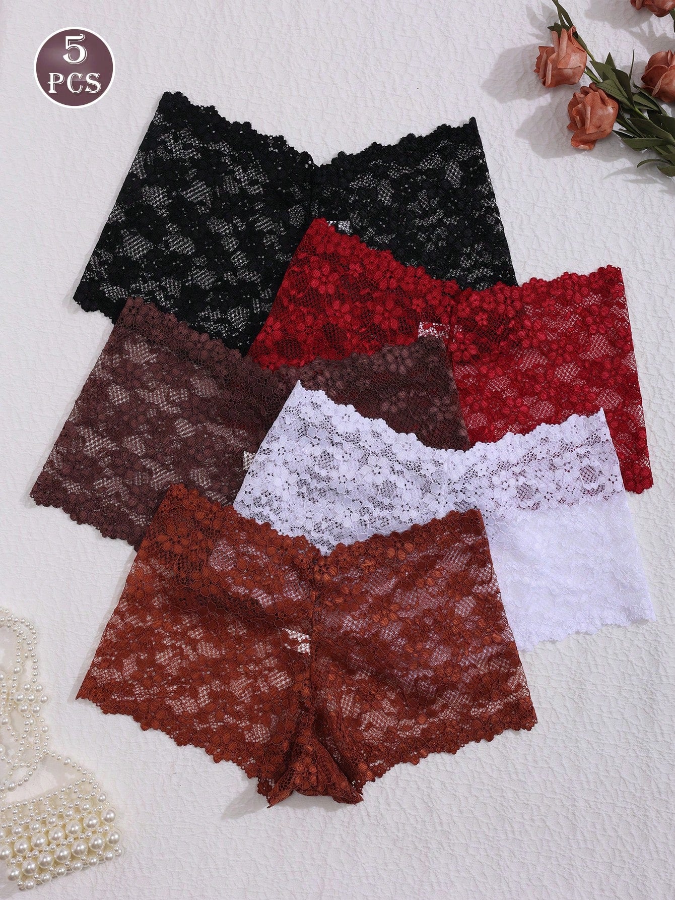 5pcs Women's Lace Trim Low Rise Hipster Panties, Multi-Color