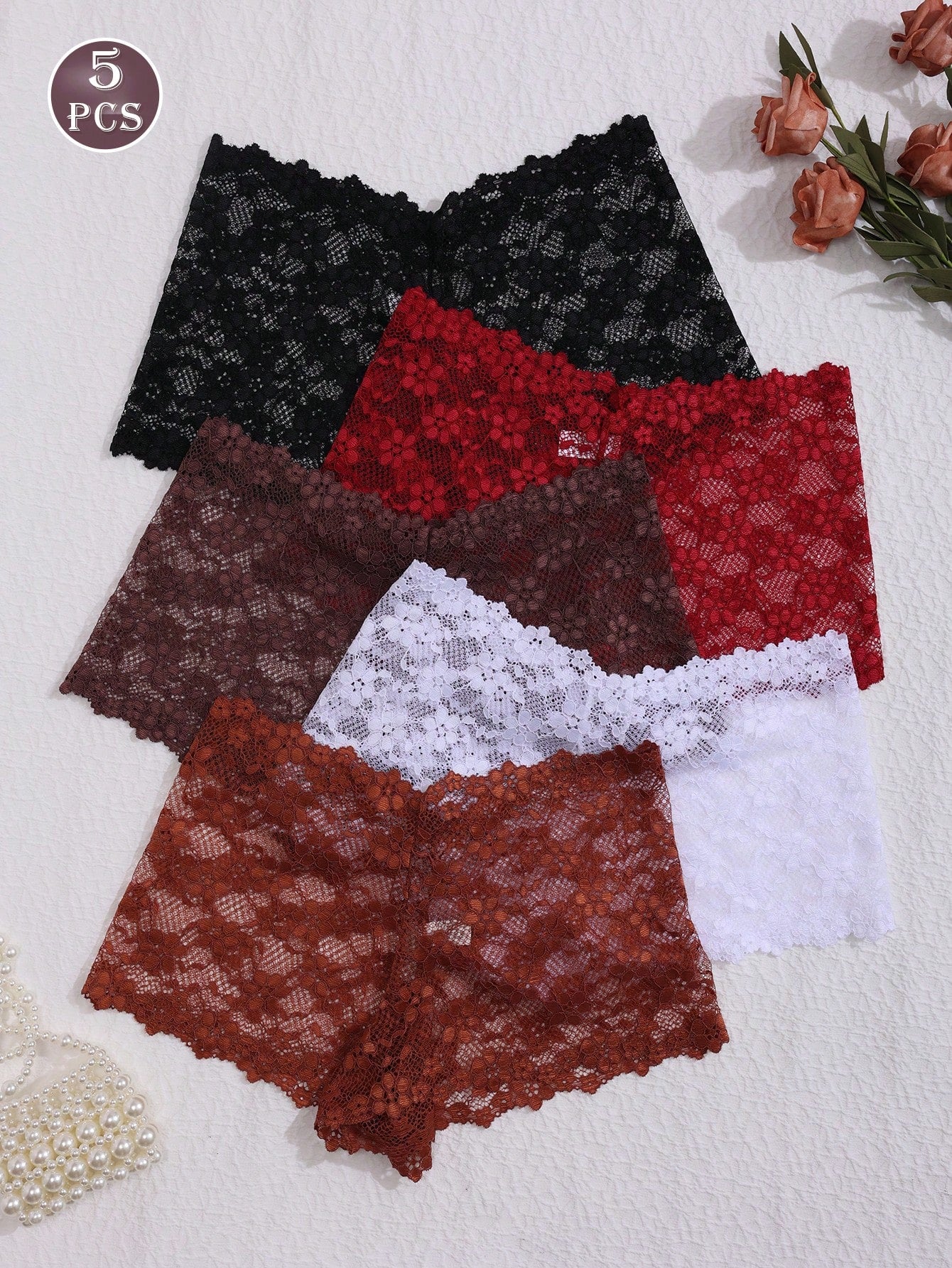 5pcs Women's Lace Trim Low Rise Hipster Panties, Multi-Color