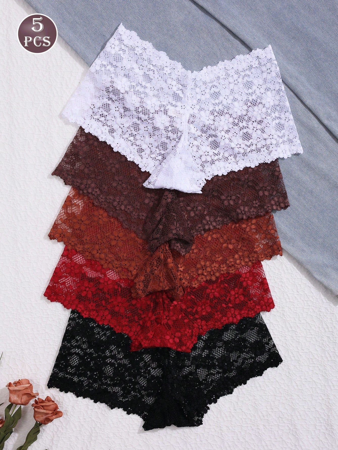 5pcs Women's Lace Trim Low Rise Hipster Panties, Multi-Color