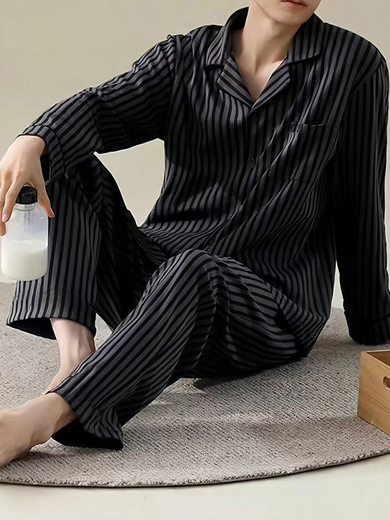 2pcs Men Plus Size Striped Long Sleeve Sleepwear Set, High Quality Casual Home Outfit For Spring And Autumn