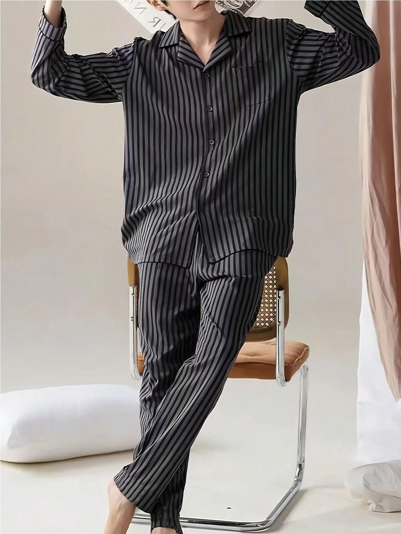 2pcs Men Plus Size Striped Long Sleeve Sleepwear Set, High Quality Casual Home Outfit For Spring And Autumn