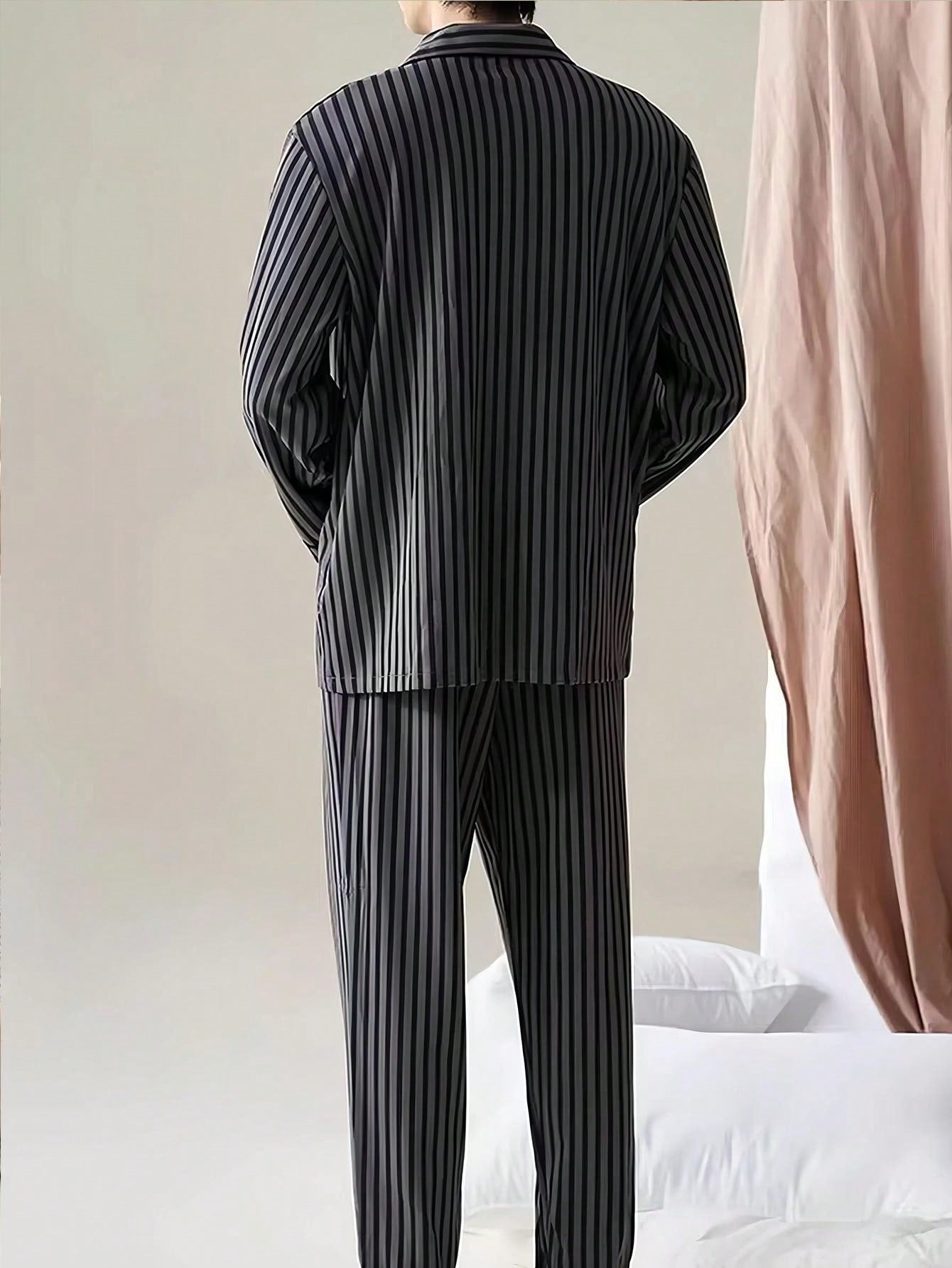 2pcs Men Plus Size Striped Long Sleeve Sleepwear Set, High Quality Casual Home Outfit For Spring And Autumn