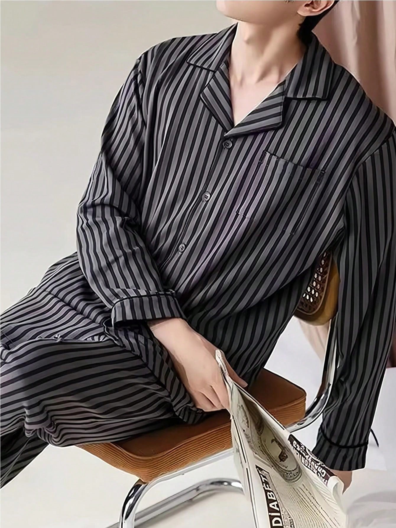 2pcs Men Plus Size Striped Long Sleeve Sleepwear Set, High Quality Casual Home Outfit For Spring And Autumn